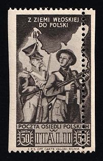 1946 50с Barletta - Trani, Polish II Corps in Italy, Poland, DP Camp, Displaced Persons Camp, SHIFTED Perforation + MISSING Perforation at the Left