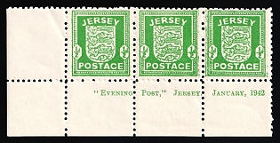 1941-42 0.5p Jersey, German Occupation, Germany, Strip, Corner Margins, Sheet Inscription 'Evening Post, Jersey, January, 1942.'