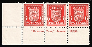 1941-42 1p Jersey, German Occupation, Germany, Strip, Corner Margins, Sheet Inscription 'Evening Post, Jersey, January, 17/3/41.'