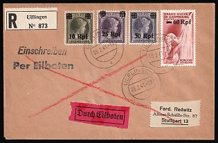 1941 (8 Feb) Luxembourg, German Occupation, Germany, Durch Eilboten Registered Cover from Troisvierges (Luxembourg) to Stuttgart (Germany) franked with 10rpf, 25rpf, 30rpf, 60rpf
