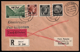 1941 (8 Feb) Luxembourg, German Occupation, Germany, Durch Eilboten Registered Cover from Beaufort (Luxembourg) to Stuttgart (Germany) franked with Mixed franking of Luxembourg 3rpf, 20rpf, 100rpf, and Germany of 1pf