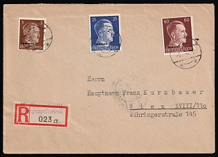 1942 Ukraine, German Occupation, Germany, Registered Cover from Dnipro (Dnipropetrovsk, Ukraine) to Vienna (Austria) franked with 3pf, 25pf, 60pf