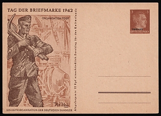 1942 3pf 'Postage Stamp Day 1942. Organisation Todt', Ukraine, German Occupation, Germany, Fieldpost Feldpost Postal Stationery Postcard, Third Reich Nazi Germany Propaganda
