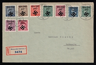 1939 (29 Mar) Bohemia and Moravia, German Occupation, Germany, Registered Cover from Moravia-Ostrava (Czech Republic) to Radwanice (Poland) with Multiple franking Local Issues 5h, 10h, 20h, 25h, 30h, 40h, 50h, 60h, 1kc