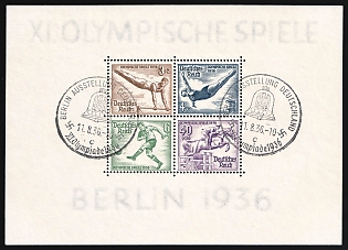 1936 (11 Aug) 'XI Olympiade in Berlin. Germany Exhibition', Third Reich, Germany, Souvenir Sheet, Commemorative Postmarks