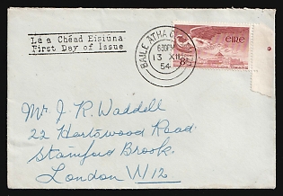 1954 (13 Dec) Ireland, Airmail First Day Cover from Dublin (Ireland) to London (England) franked with 8 pg