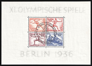 1936 (10 Aug) 'XI Olympiade in Berlin. Olympic Water Stadium', Third Reich, Germany, Souvenir Sheet, Commemorative Postmark
