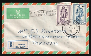 1956 (16 Sep) Ireland, Registered, Airmail, First Day locally addressed Cover from Dublin (Ireland), franked with First Day of Issue Complete Set, with Registered Label 3pg - 1`3 S`pg