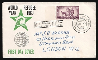 1960 (20 Jun) Ireland, Commemorative First Day Cover dedicated to the 'World Refugee Year', from Dublin (Ireland) to London (England), franked with 3 pg