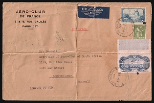 1938 (5 March) France, ‘Aero-Club de France', Airmail Commercial Cover from Paris (France) to Johannesburg (South Africa), franked with 75c, 50 fr, 2 fr, with Airmail Label
