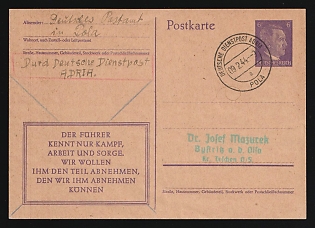1944 (9 Feb) 'The Leader Knows Only Struggle, Work, and Worry. We Want to Take Away from Him the Part We Can', Third Reich, Germany, 6pf Postal Stationery Postcard from Post Office Pula (Croatia) to Bystrice (Czech Republic) via German Official Mail (Dienstpost) Adria