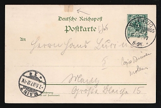 1897 (6 May) 'Saxon-Thuringian Industry & Trade Exhibition in Leipzig', German Empire, Germany, 5pf Postal Stationery Postcard from Leipzig Exhibition Place to Mainz