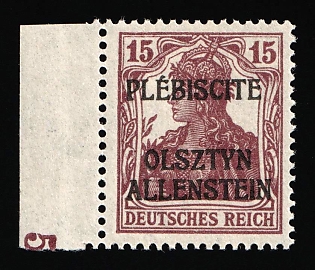 1920 15pf Joining of Olsztyn, Germany, Overprint 'Allenstein' does not Overlap the Inscription 'DEUTSCHES REICH', Margin, Plate Number '5', Signed, Unprised