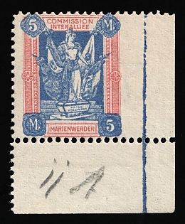 1920 5m Joining of Marienwerder, Germany, Corner Margin, Blue Control Strip, Missing Perforation, Star Watermark, Certificate