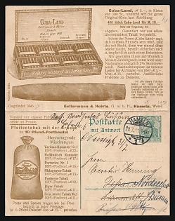 1911 (29 Jul) 'Tobacco and Cigar Factory Gellermann & Holste G. m. b. H.', German Empire, Germany, 5pf+5pf Postal Stationery Advertising Double Postcard with Paid Return Answer from Hameln to Busum