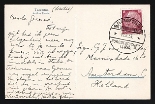 1935 (19 Aug) Third Reich, Germany, Postcard from a Ship During a Mediterranean Cruise, Taormina (Sicily, Italy) to Amsterdam (Netherlands) via German Sea Post, with Round Black Handstamp 'North German Lloyd', franked with 15pf