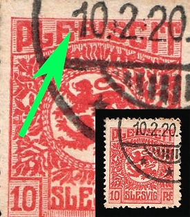 1920 10pf Joining of Schleswig, Germany, 'E' in 'PLEBISCIT' with a Dot