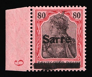 1920 80pf Saar, Germany, Margin, Plate Number '6', Vertically Divided Black Line, Certificate, Signed