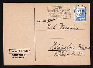 1935 (16 May) 'German War Blinded - Their Fate and Their Work. Exhibition in Stuttgart 1-15 June 1935', Third Reich, Germany, Airmail Postcard with order from Stuttgart to Helsinki (Finland), with Black Rectangular Advertising Handstamp
