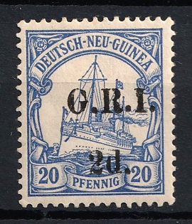 1914 2d on 20pf British Occupation of New Guinea, Kaiser’s Yacht, 'G. R. I.', German Colonies, Germany