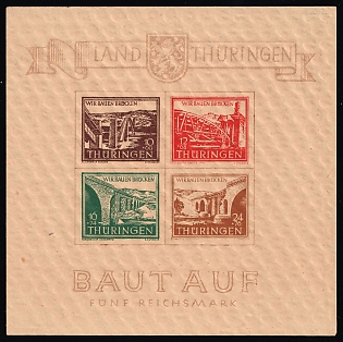 1946 Thuringia, Soviet Russian Zone of Occupation, Germany, Souvenir Sheet, Certificate, Type I/II