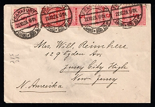1923 (22 Oct) Weimar Republic, Germany, Cover from Frankfurt am Main to Jersey City (New Jersey, United States), franked with 5 x 5m