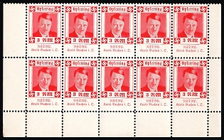 1920-1945 'Adolf Hitler, NSDAP. Buchen District i. D', Nazi Party Donation Samps Block of 10, Nazi Germany Third Reich Propaganda Label Stamp