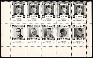 1920-1945 'NSDAP. Buchen District i. D', Nazi Party Donation Samps Block of 10, Nazi Germany Third Reich Propaganda Label Stamp