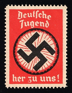 1920-1945 'German Youth, Come Join us!', Swastika, Nazi Germany Third Reich Propaganda Label Stamp