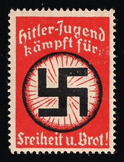 1920-1945 'Hitler Youth Fights for: Freedom and Bread!', Swastika, Nazi Germany Third Reich Propaganda Label Stamp