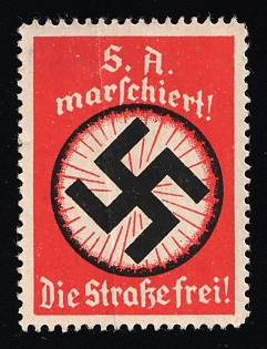 1920-1945 'S.A. Marches! Clear the Streets!', Swastika, Nazi Germany Third Reich Propaganda Label Stamp