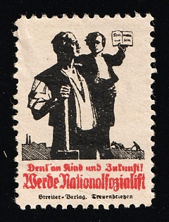 1920-1945 'Dent Beef and the Future! Become a National Socialist', Swastika, Nazi Germany Third Reich Propaganda Label Stamp
