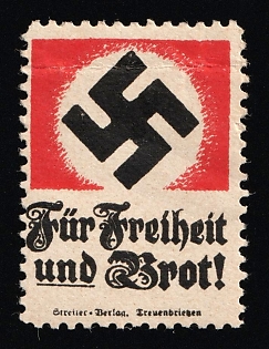 1920-1945 'For Freedom and Bread!', Swastika, Nazi Germany Third Reich Propaganda Label Stamp