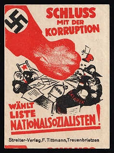 1920-1945 'End Corruption! Vote for the National Socialist List', Swastika, Nazi Germany Third Reich Propaganda Label Stamp