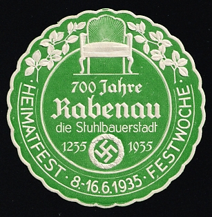 1935 '700 Years of Rabenau, the Chair-Making Town', Nazi Germany Third Reich Propaganda Label Stamp