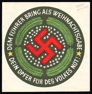 1920-1945 'Bring your Sacrifice for the People's Need to the Fuhrer as a Christmas Gift', Nazi Germany Third Reich Propaganda Label Stamp