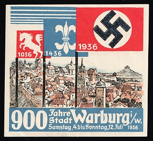 1936 '900 Years of the City of Warburg', Nazi Germany Third Reich Propaganda Label Stamp