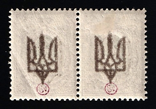 1918 35k Kiev (Kyiv) Type 3 B, Ukrainian Tridents, Ukraine, Pair, OFFSET of Overprint, Signed
