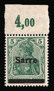 1920 5pf Saar, Germany, Type II, Margin, Plate Number