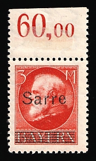1920 3m Saar, Germany, Margin, Plate Number, Signed