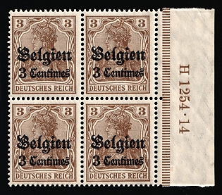 1914-16 3c on 3pf Belgium, German Occupation, Germany, Block of Four, Margin, Control Strip, Sheet Inscription 'Н 1254.14'