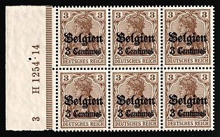 1914-16 3c on 3pf Belgium, German Occupation, Germany, Block of Six, Margin, Control Strip, Sheet Inscription 'Н 1254.14 3'