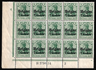 1914-16 5c on 5pf Belgium, German Occupation, Germany, Block, Corner Margins, Plate Number '4', Control Strips,  Sheet Inscription 'Н 2796.14 3'