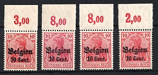 1916-18 10c on 10pf Belgium, German Occupation, Germany, Margins, Plate Numbers, Signed