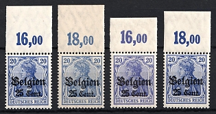 1916-18 25c on 20pf Belgium, German Occupation, Germany, Margins, Plate Numbers, Signed