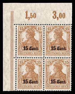 1916 15c on 15pf Western Lands, German Occupation, Germany, Block of Four, Corner Margins, Plate Numbers, Control Strip, Signed