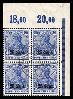 1916 25c on 20pf Western Lands, German Occupation, Germany Corner Margins, Block of Four, Plate Numbers, Control Strip, Signed