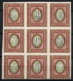 1918 3.5r Kiev (Kyiv) Type 2g, Ukrainian Tridents, Ukraine, Block of Nine, Signed