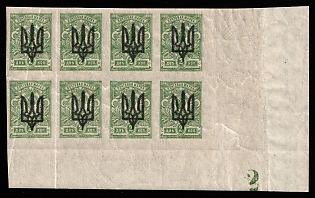 1918 2k Kiev (Kyiv) Type 3 B, Ukrainian Tridents, Ukraine, Block of Eight, Corner Margins, Plate Number '2'