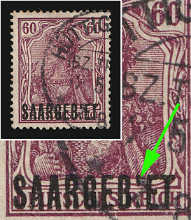 1920 10pf Saar, Germany, Broken 'I' in 'Saargebiet'